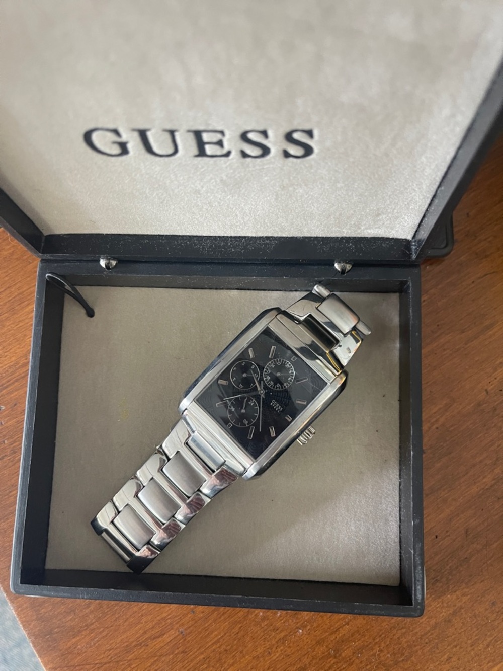 GUESS Silver Stainless Steel Watch with Black Dial